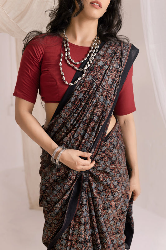 Pure Mul Cotton Ajrakh Hand Block Saree - Rich Brown