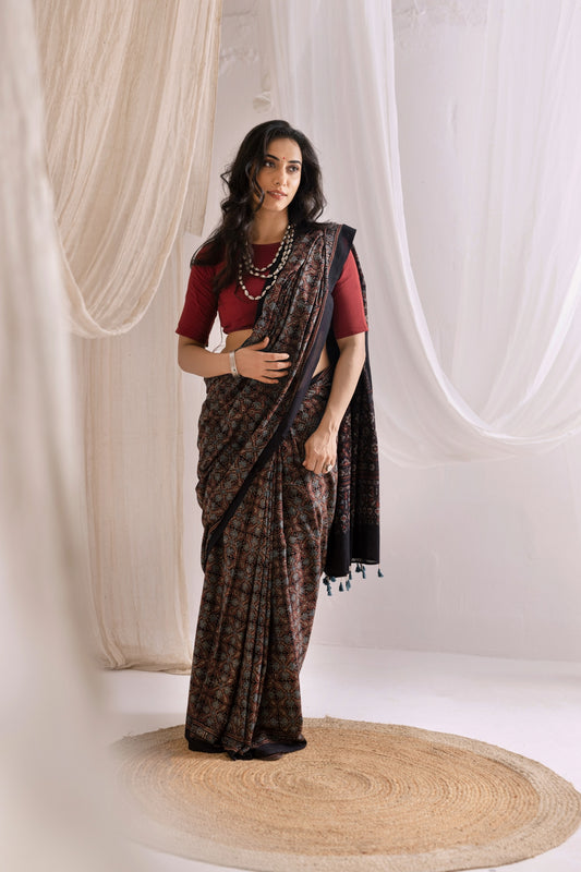 Pure Mul Cotton Ajrakh Hand Block Saree - Rich Brown