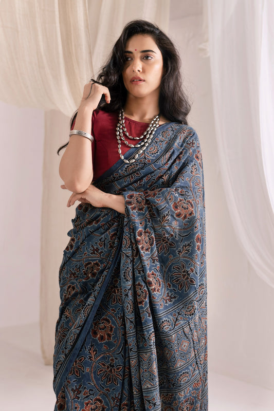 Pure Mul Cotton Ajrakh Hand Block Saree - Indigo