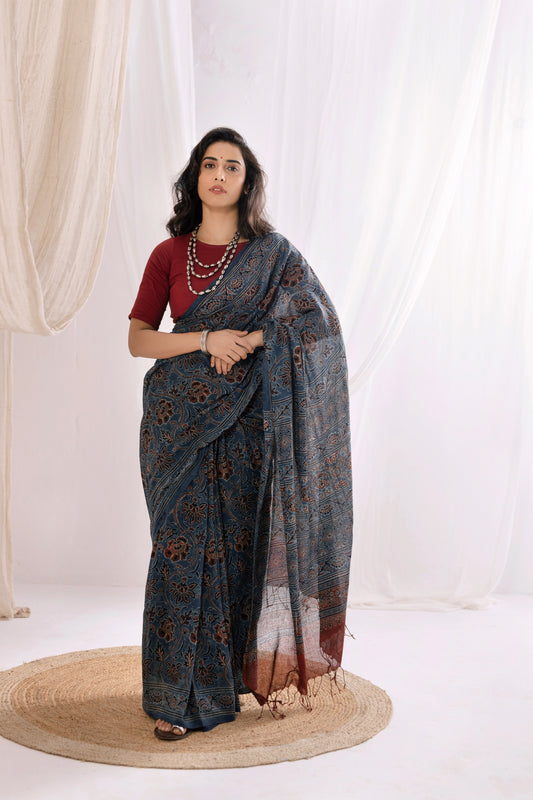 Pure Mul Cotton Ajrakh Hand Block Saree - Indigo