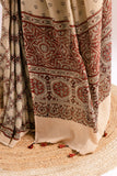 Pure Mul Cotton Ajrakh Hand Block Saree - Light Yellow