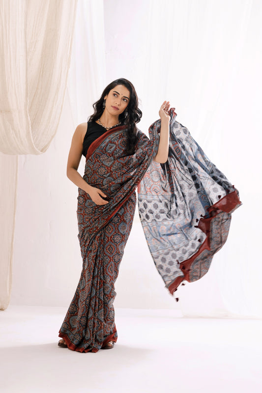 Pure Mul Cotton Ajrakh Hand Block Saree - Indigo/Maroon