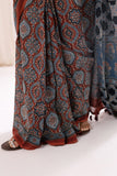 Pure Mul Cotton Ajrakh Hand Block Saree - Indigo/Maroon