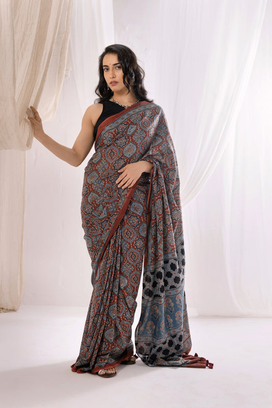 Pure Mul Cotton Ajrakh Hand Block Saree - Indigo/Maroon