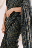Pure Mul Cotton Ajrakh Hand Block Saree - Indigo/Lemon Yellow