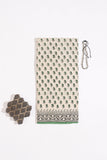 Ivory/Green Pure Cotton Mul Hand Block Saree