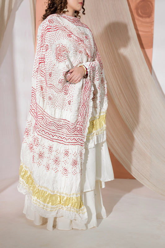 White Pure Gaji Silk Bandhani Dupatta with Zari Lagdi Patta