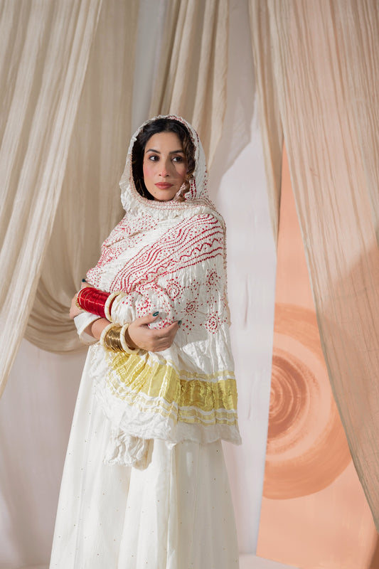 White Pure Gaji Silk Bandhani Dupatta with Zari Lagdi Patta