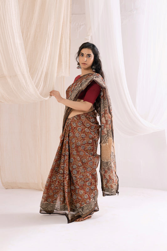 Maroon - Kota Doria Bagru Hand Block Printed Saree