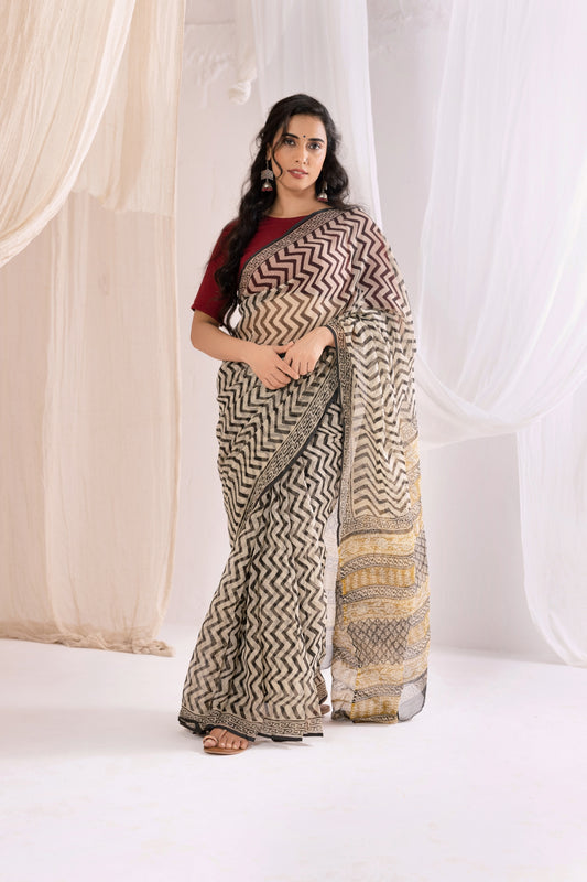 Black - Kota Doria Bagru Hand Block Printed Saree