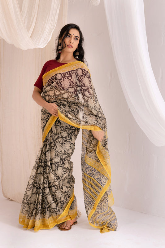 Yellow - Kota Doria Bagru Hand Block Printed Saree