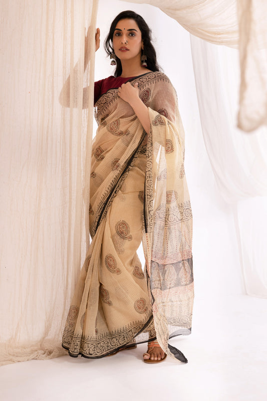 Cream - Kota Doria Bagru Hand Block Printed Saree