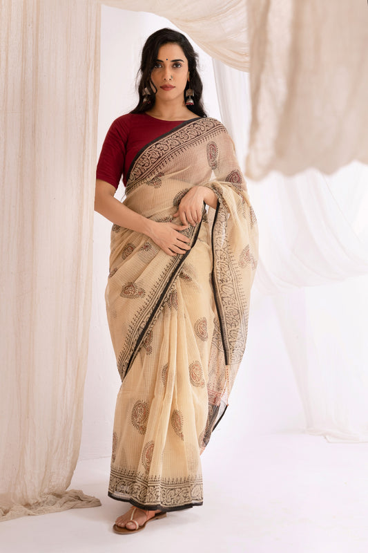 Cream - Kota Doria Bagru Hand Block Printed Saree