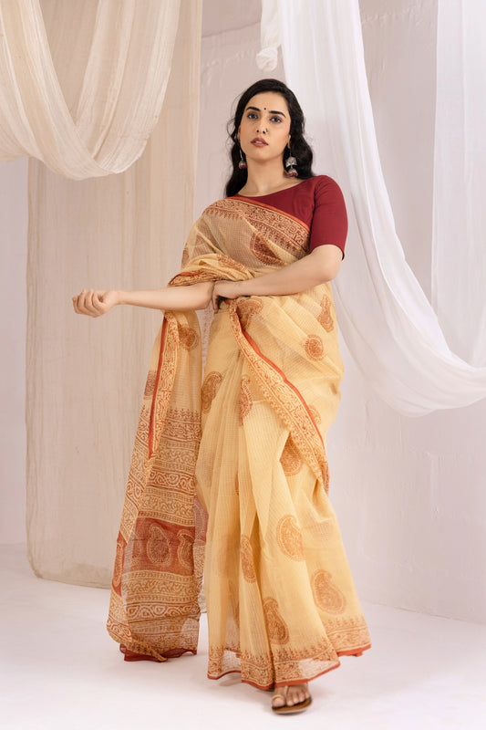 Ivory - Kota Doria Bagru Hand Block Printed Saree