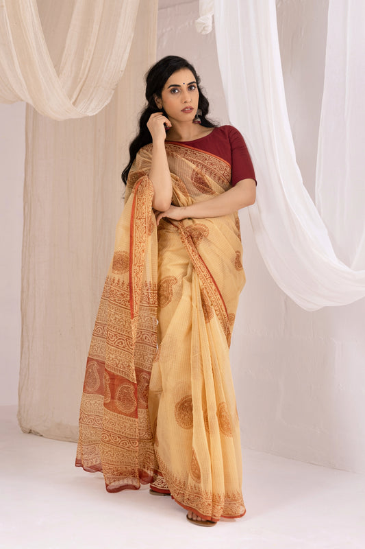 Ivory - Kota Doria Bagru Hand Block Printed Saree