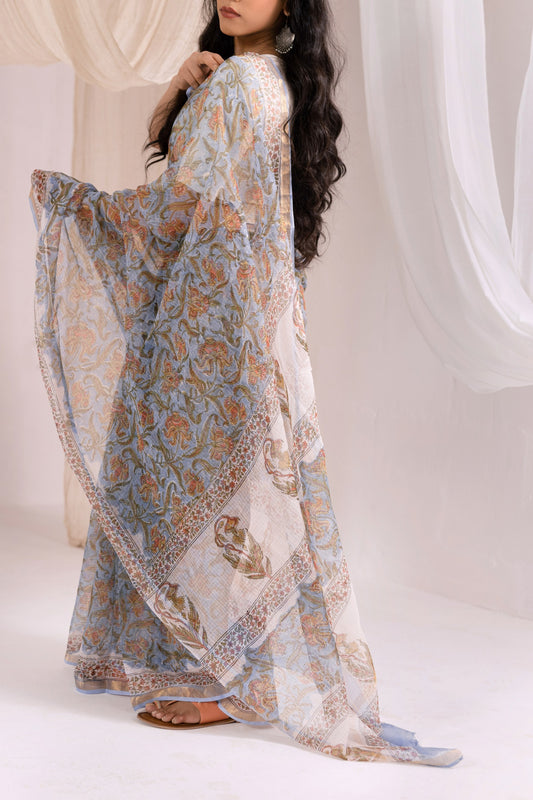 Sky Blue - Kota Doria Bagru Hand Block Printed Saree