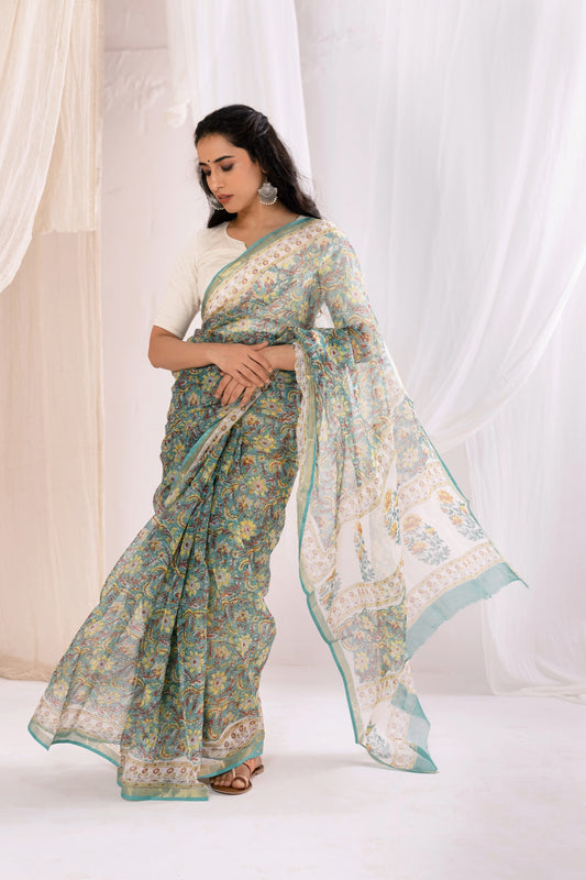 Green - Kota Doria Bagru Hand Block Printed Saree