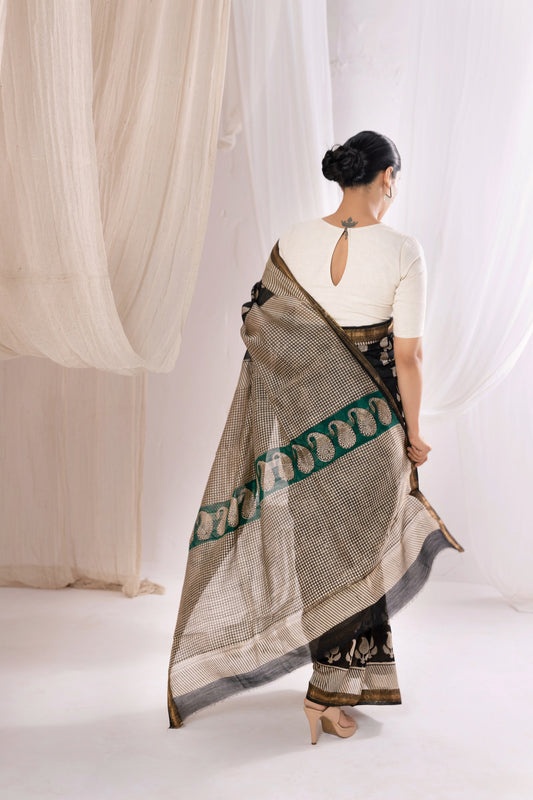 Black - Bagru Handblock Printed Maheshwari Silk Saree