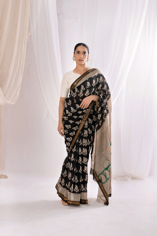 Black - Bagru Handblock Printed Maheshwari Silk Saree