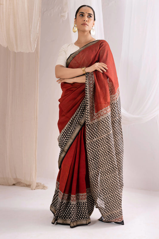 Maroon - Bagru Handblock Printed Maheshwari Silk Saree