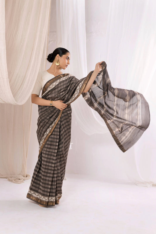 Brown - Bagru Handblock Printed Maheshwari Silk Saree