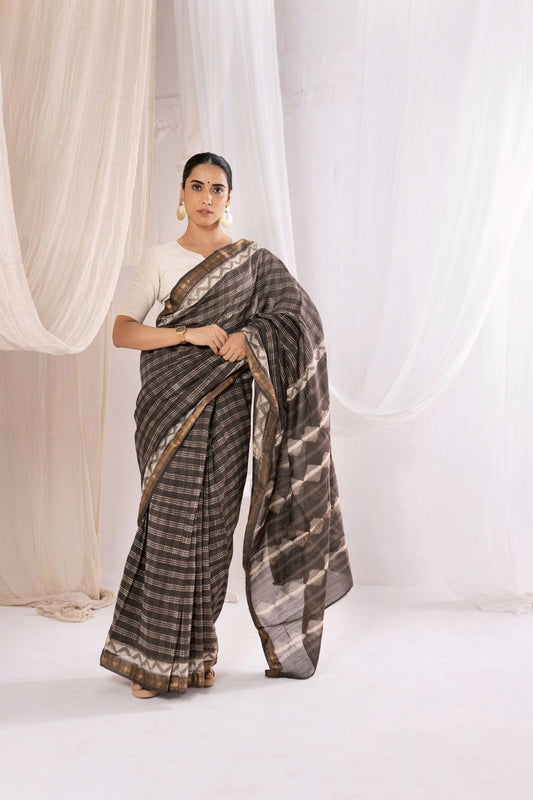 Brown - Bagru Handblock Printed Maheshwari Silk Saree