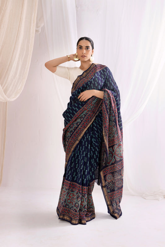 Indigo - Bagru Handblock Printed Maheshwari Silk Saree