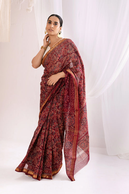 Maroon - Bagru Handblock Printed Maheshwari Silk Saree