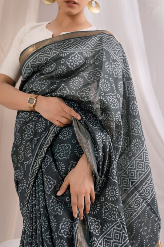 Grey - Bagru Handblock Printed Maheshwari Silk Saree