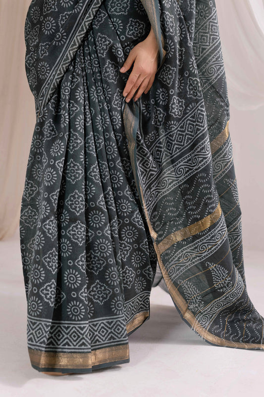 Grey - Bagru Handblock Printed Maheshwari Silk Saree