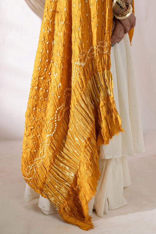 Pure Modal Silk Bandhani Dani Dupatta with Zari Lagdi Patta - Mustard Yellow