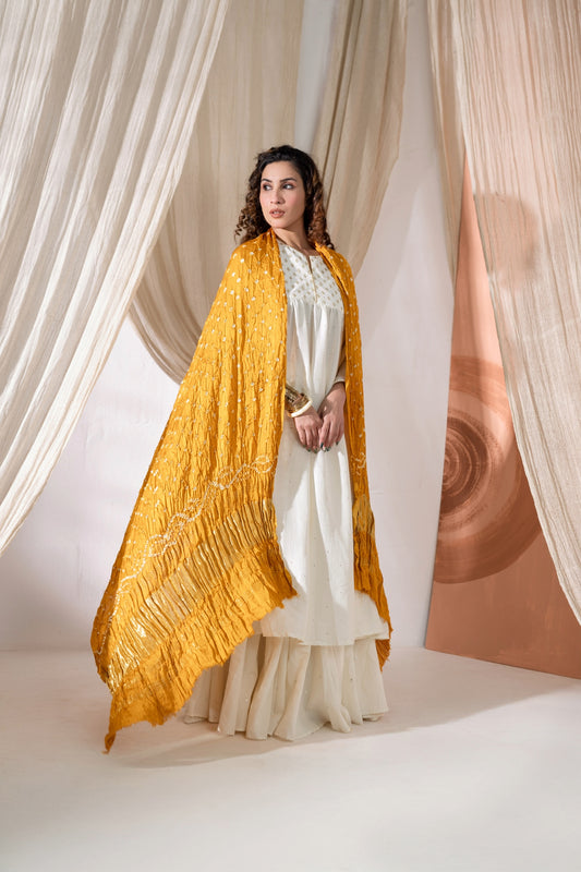 Pure Modal Silk Bandhani Dani Dupatta with Zari Lagdi Patta - Mustard Yellow