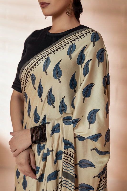 Beige/Blue Modal Silk Bagru Hand Block Printed Saree