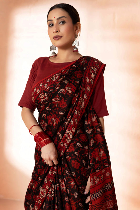 Maroon Modal Silk Bagru Hand Block Printed Saree