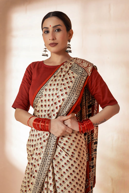 Beige/Maroon Modal Silk Bagru Hand Block Printed Saree