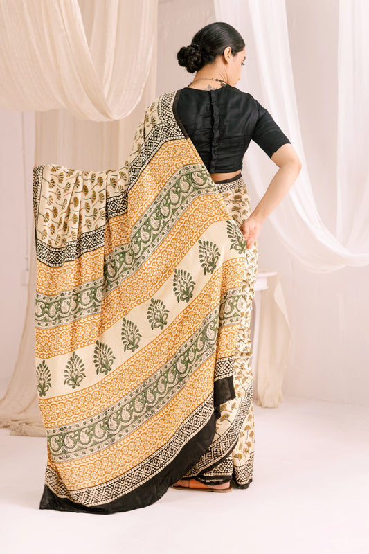 Beige Modal Silk Bagru Hand Block Printed Saree