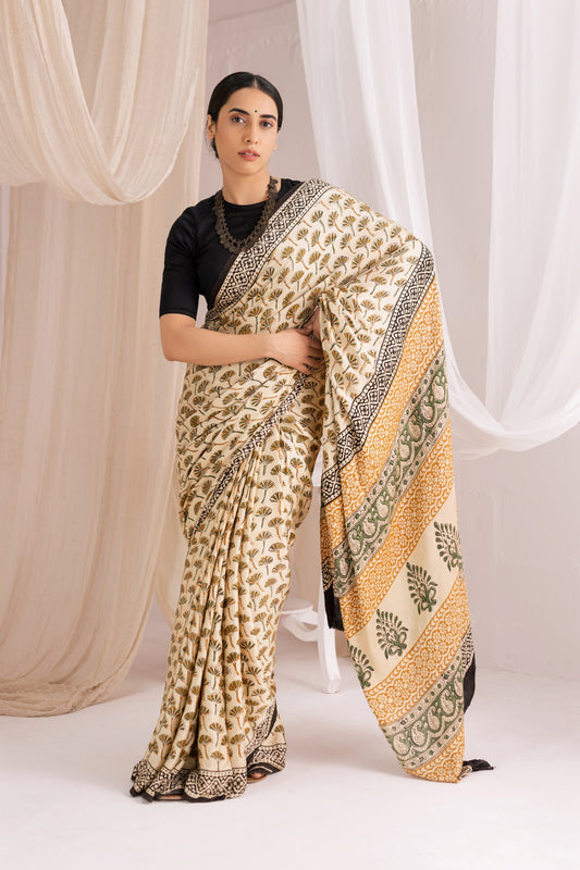 Beige Modal Silk Bagru Hand Block Printed Saree