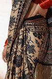 Beige/Blue Modal Silk Ajrakh Hand Block Printed Saree with Lagdi Patta