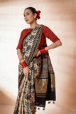 Beige/Blue Modal Silk Ajrakh Hand Block Printed Saree with Lagdi Patta