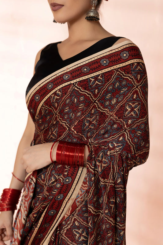 Maroon Modal Silk Ajrakh Hand Block Printed Saree