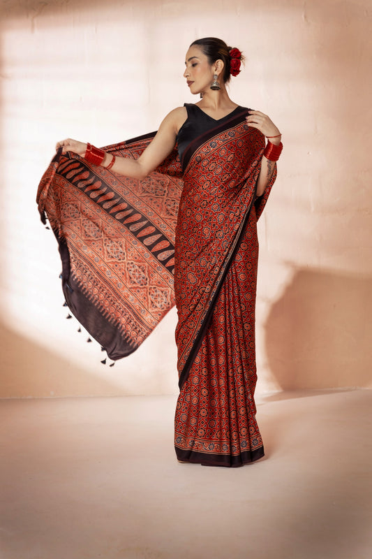 Maroon Modal Silk Ajrakh Hand Block Printed Saree