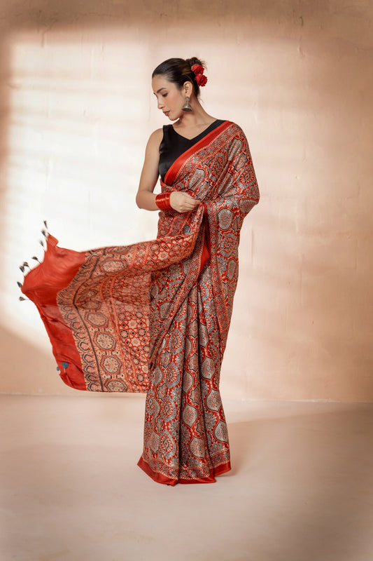 Maroon Modal Silk Ajrakh Hand Block Printed Saree