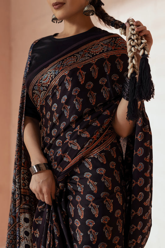 Black Modal Silk Ajrakh Hand Block Printed Saree