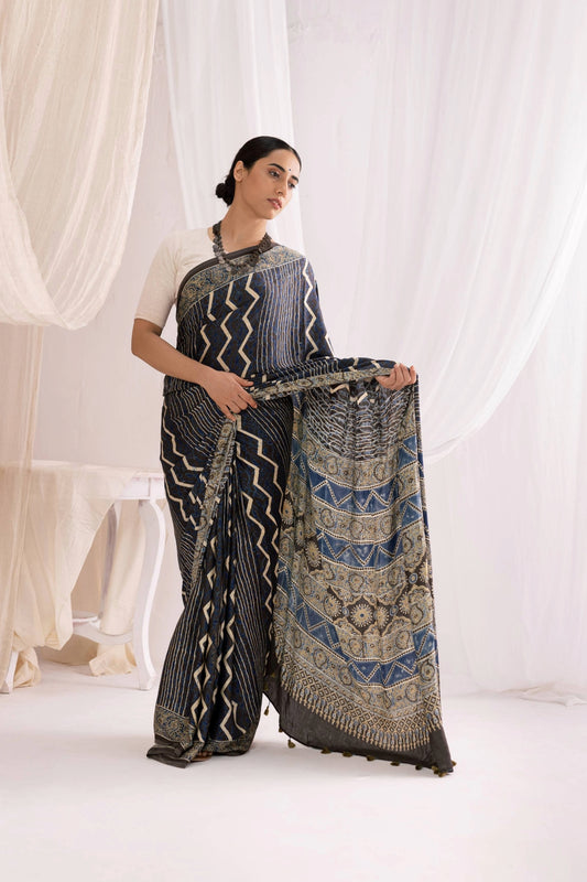 Indigo Modal Silk Ajrakh Hand Block Printed Saree