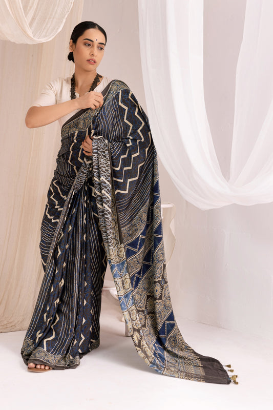 Indigo Modal Silk Ajrakh Hand Block Printed Saree