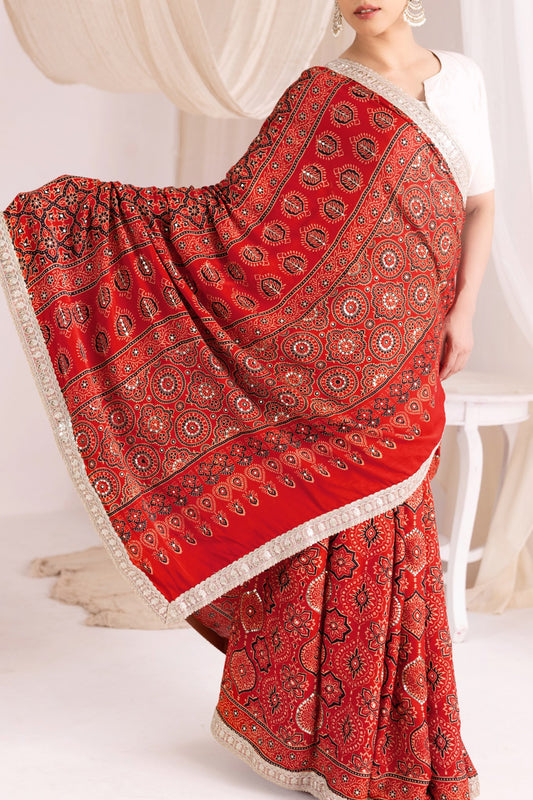 Red Modal Silk Ajrakh Hand Block Printed Saree with Hand Embroidery