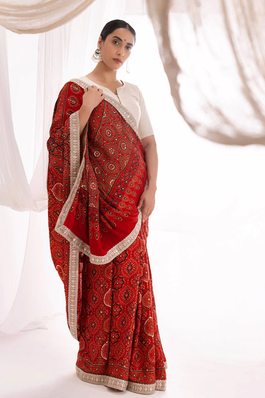 Red Modal Silk Ajrakh Hand Block Printed Saree with Hand Embroidery