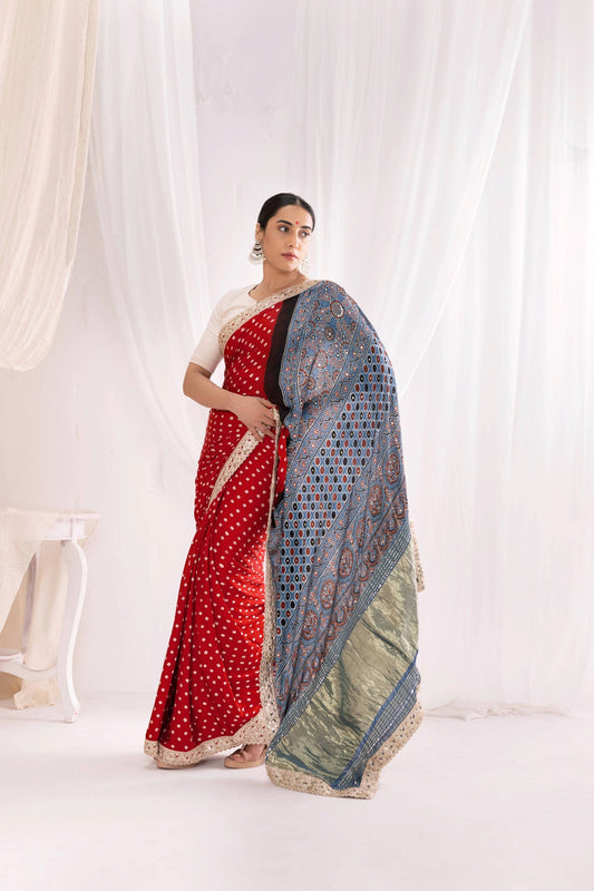 Red/Blue Modal Silk Bandhej Saree with Ajrakh Hand Block Pallu