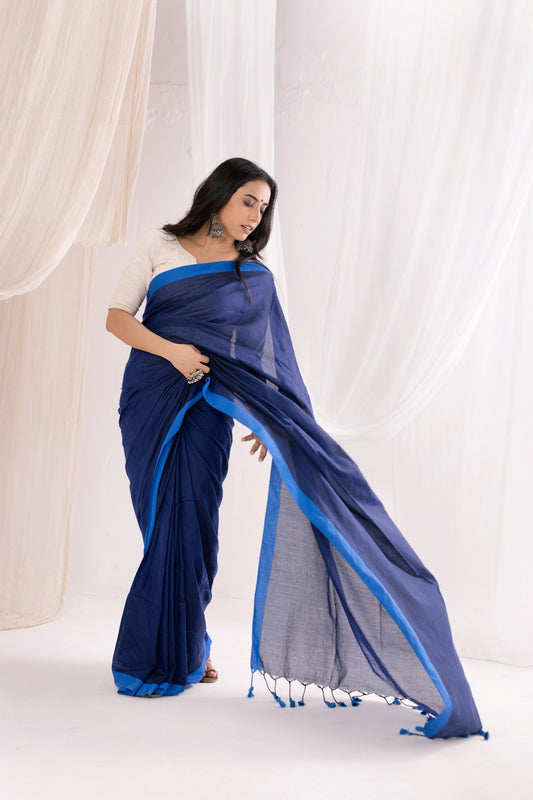 Pure Mul Cotton Handloom Contrast Color Border Saree - Navy Blue/Blue