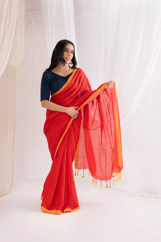 Pure Mul Cotton Handloom Contrast Color Border Saree - Red/Yellow